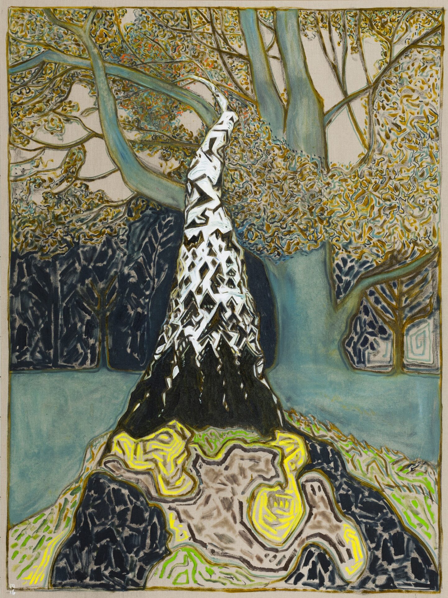 Billy Childish: fallen birch tree, 2016, Oil and charcoal on linen, 244 x 183 cm