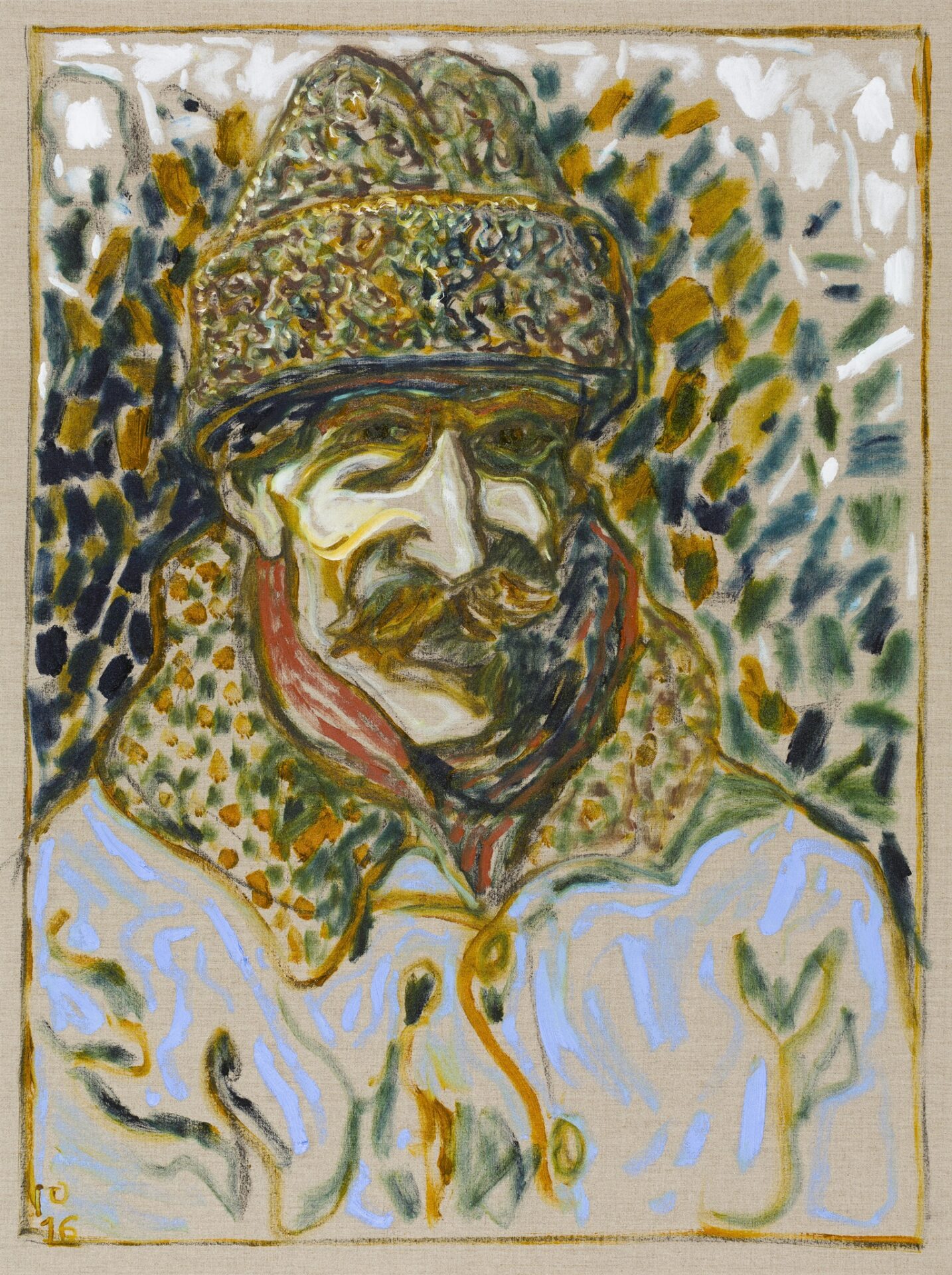 Billy Childish: in astrakhan hat, 2016, Oil and charcoal on linen, 122 x 91.5 cm