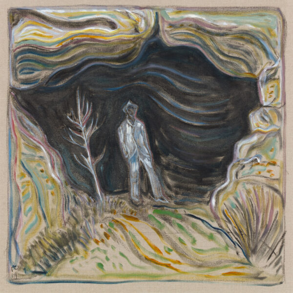 Painting 'man in the mouth of a cave (version)' by Billy Childish at Carl Freedman Gallery.