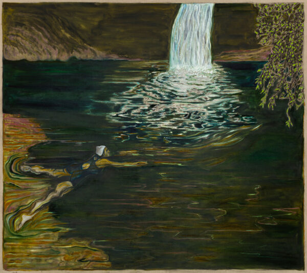Painting 'swimmer and waterfall' by Billy Childish at Carl Freedman Gallery.