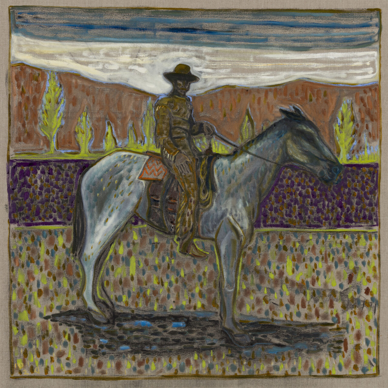 Billy Childish, man in buckskins (2024), Oil and charcoal on linen, 122 x 122 cm (48 x 48 in)